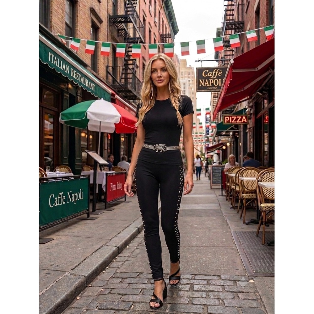 Bar III Womens Black Studded Side Stripe Skinny Leggings Pants Size Large